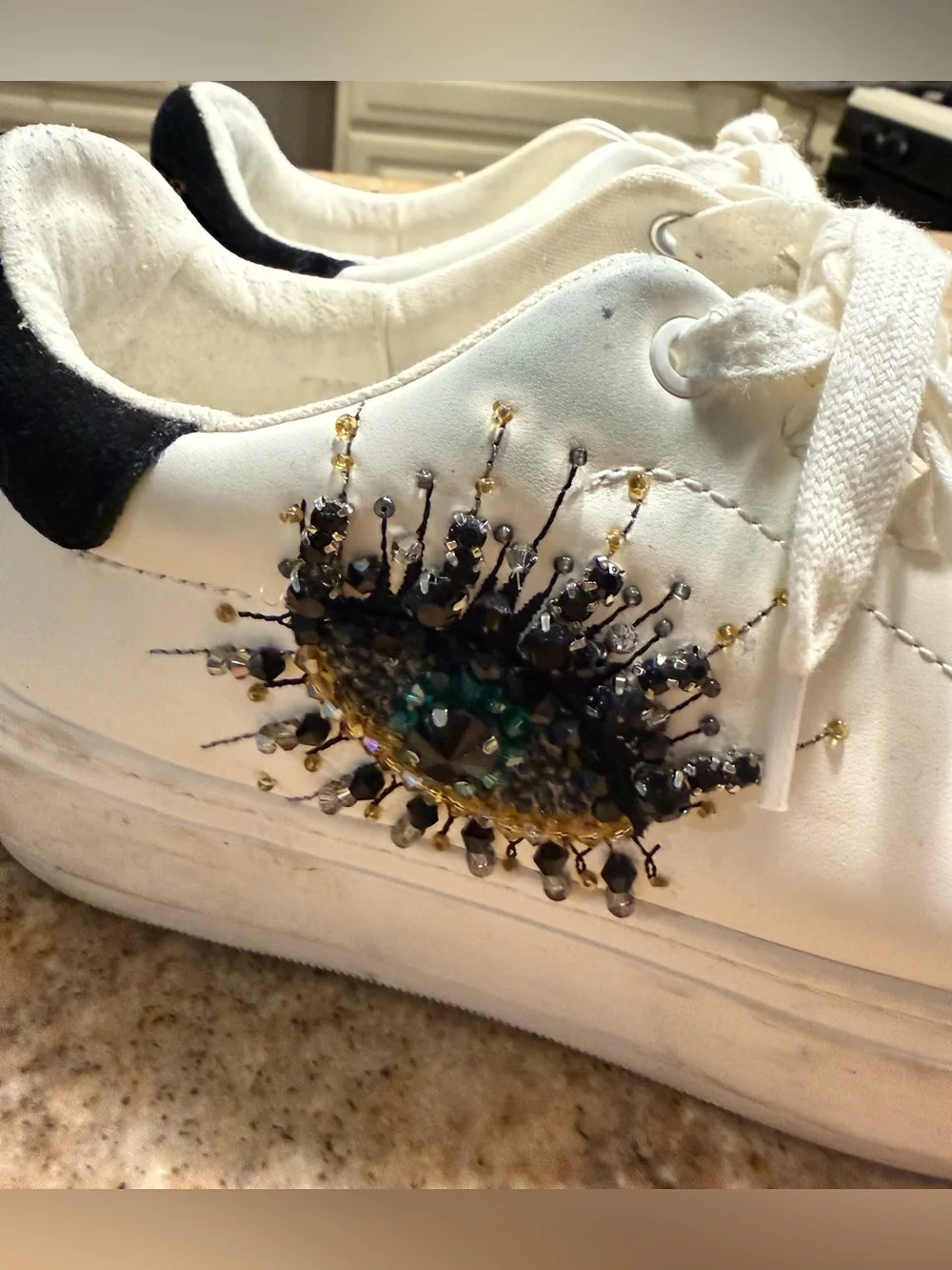 Kurt Geiger White Leather Platform Sneaker with Beaded Eye Motif
